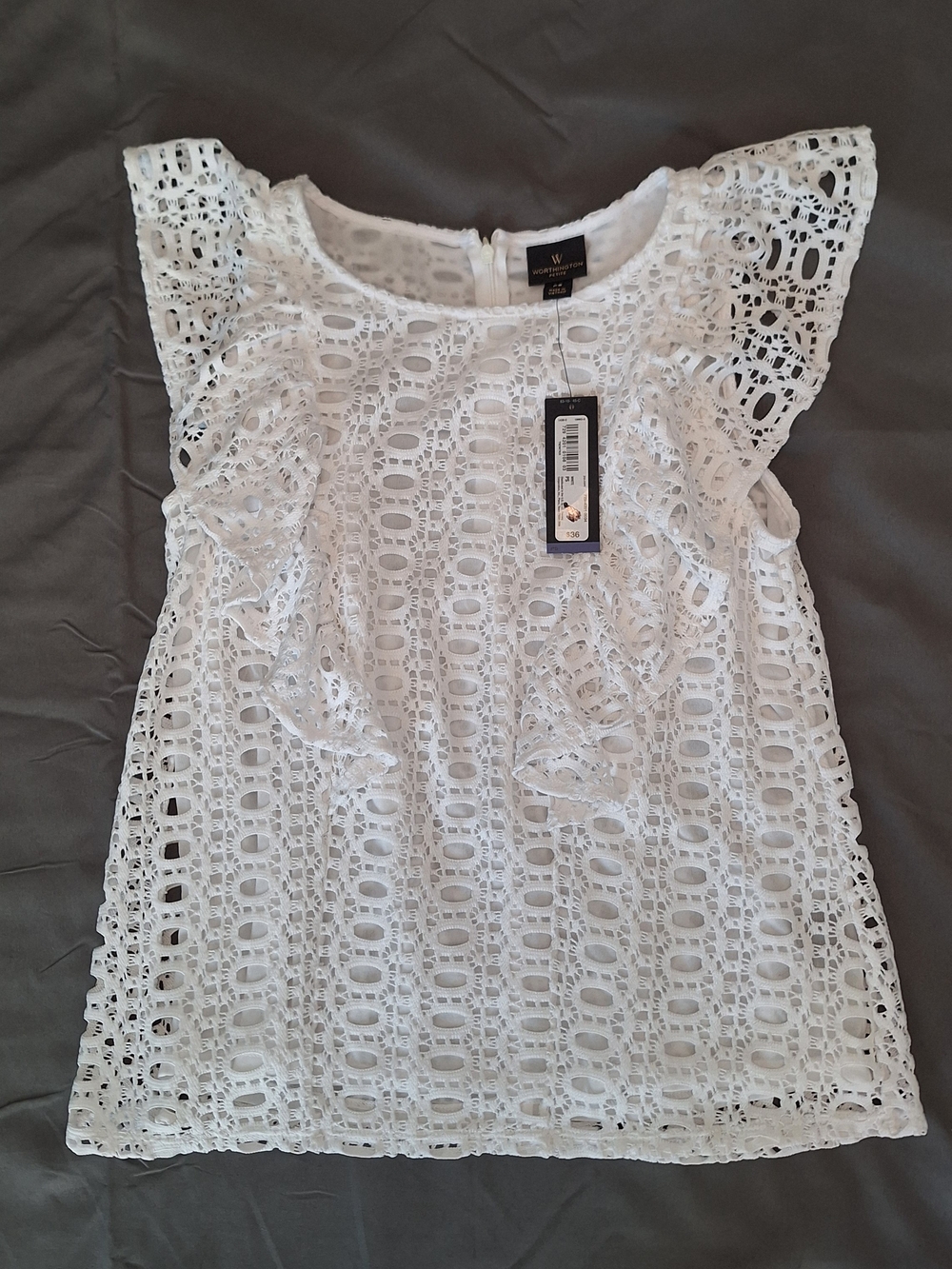 Worthington Blouse Women's Small White Crochet Lace Ruffle Zipper Top Size PS